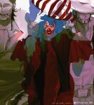  3boys blue_eyes blue_hair buggy_the_clown cigar clown_nose commentary crocodile_(one_piece) dracule_mihawk english_commentary facepaint facial_hair gloves highres long_hair long_sleeves looking_at_viewer male_focus multiple_boys mustache one_piece red_robe robe signature stitched_face stitches striped_hat vamos_mk white_gloves 
