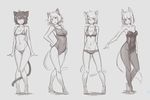  animal_ears bare_shoulders bikini blush cat_ears cat_girl cat_tail deel_(rkeg) fox_ears fox_girl fox_tail grey_background greyscale high_heels highres leotard monochrome multiple_girls original pantyhose school_swimsuit short_hair simple_background swimsuit tail 