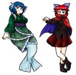  animal_ears arm_at_side blue_eyes blue_hair bow breasts cape covered_mouth crossed_legs full_body furrowed_eyebrows hair_bow head_fins high_collar japanese_clothes kimono looking_at_viewer medium_breasts mermaid miniskirt monster_girl multiple_girls nazotyu obi plump pose red_eyes red_hair sash sekibanki short_eyebrows short_hair sitting skirt smile thick_eyebrows touhou transparent_background tunic wakasagihime 