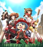  :3 animal_ears armor bare_shoulders blue_eyes blue_hair blue_sky brown_eyes brown_hair cloud crop_top day final_fantasy final_fantasy_xi fox_ears gloves grass grey_gloves hair_tubes hat highres hume iwako knee_pads knees_together_feet_apart midriff mithra mountain multiple_girls navel one_knee open_mouth outdoors shin_guards sky smile sword tail tarutaru vambraces weapon yellow_gloves 