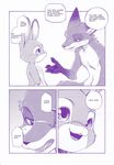  2016 anthro canine comic dialogue disney dogear218 duo english_text female fox judy_hopps lagomorph male mammal manga monochrome nick_wilde nude purple_theme rabbit screentone text translated zootopia 