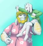  2017 anthro arm_hair asgore_dreemurr asriel_dreemurr blonde_hair boss_monster caprine clothing facial_hair family father goat hair horn long_ears long_horns male mammal parent raxkiyamato shirt simple_background smile son sweater t-shirt undertale video_games 