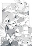  2016 anthro canine clothed clothing comic dialogue disney dogear218 english_text feline female fox greyscale group judy_hopps lagomorph lion male mammal manga monochrome nick_wilde police_uniform rabbit screentone text translated uniform zootopia 