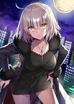  bent_over blonde_hair breasts cityscape cleavage coat collarbone dress fate/grand_order fate_(series) full_moon fur_trim hair_between_eyes hands_on_hips jeanne_d'arc_(alter)_(fate) jeanne_d'arc_(fate)_(all) jewelry large_breasts moon necklace night night_sky shirako_miso silver_hair sky solo wicked_dragon_witch_ver._shinjuku_1999 yellow_eyes 