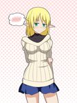  &gt;:( blonde_hair blush bodysuit_under_clothes braid breasts cato_(monocatienus) commentary contemporary french_braid frown green_eyes looking_at_viewer medium_breasts miniskirt mizuhashi_parsee pointy_ears ribbed_sweater short_hair skirt solo spoken_blush sweater touhou v-shaped_eyebrows 
