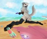  2016 anthro anus beach black_fur bottle breasts butt canine fangs female food fur grey_fur hair looking_back mammal multicolored_fur nipples pastelhues pawpads phone popsicle pussy seaside solo spread_legs spreading tongue tongue_out white_hair wolf 