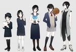  age_progression basketball black_hair black_legwear book cardigan commentary hat highres long_skirt looking_at_viewer necktie original pantyhose pleated_skirt red_neckwear school_uniform serafuku short_hair skirt smile sofy v yashiro_iko yellow_eyes 