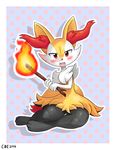  2016 anthro blush braixen canine crimsonbugeye cute fangs female fire fox fur kneeling looking_at_viewer mammal nintendo pok&eacute;mon red_fur sitting solo stick video_games yellow_fur 