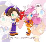  1boy 1girl blue_eyes blush_stickers book brown_hair earrings glasses green_eyes hair_ornament klug klug_(puyopuyo) long_hair neckerchief official_style open_mouth orange_clothes pants pink_hair purple_clothes purple_pants puyopuyo puyopuyo_chronicle puyopuyo_fever raffine raffine_(puyopuyo) short_hair skirt sleeves socks 