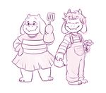  2016 anthro asgore_dreemurr bammeo boss_monster caprine clothing cub dress eyewear female flower glasses gloves goat hair horn long_ears male mammal monochrome overalls plant sketch smile spatula toriel undertale video_games watering_can young 