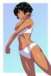  bikini black_hair brown_eyes commentary_request cowboy_shot dark_skin kouda_tomohiro navel original short_hair simple_background solo stretch swimsuit wavy_hair white_bikini 