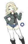  black_footwear black_shirt blonde_hair blue_eyes blue_shorts boots brown_jacket cowboy_shot denim denim_shorts emblem girls_und_panzer hair_intakes hand_on_hip highres jacket kay_(girls_und_panzer) knee_boots long_hair looking_at_viewer military military_uniform one_eye_closed open_clothes open_jacket open_mouth saunders_military_uniform shirt short_shorts shorts sketch smile solo standing star thighhighs uniform wabiushi white_legwear 