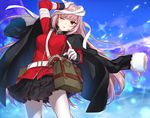  bag bandages fate/grand_order fate_(series) florence_nightingale_(fate/grand_order) gloves gun hair_down jacket_on_shoulders long_hair looking_at_viewer military military_uniform one_eye_closed pantyhose pepper_box_revolver pink_hair pleated_skirt red_eyes shirako_miso skirt solo uniform very_long_hair weapon white_gloves white_legwear 