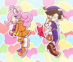  1boy 1girl blue_eyes blush_stickers bow earrings green_eyes hair_ornament hairpin hat heart-shaped_box klug klug_(puyopuyo) long_hair official_style one_eye_closed open_mouth orange_clothes pants pink_hair purple_clothes purple_hat purple_pants puyopuyo puyopuyo_fever raffine raffine_(puyopuyo) sega shoes short_hair skirt smile socks valentines 