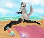  2016 anthro beach bikini black_fur bottle breasts butt canine clothing fangs female food fur grey_fur hair looking_back mammal multicolored_fur pastelhues pawpads phone popsicle seaside solo spread_legs spreading swimsuit tongue tongue_out white_hair wolf 