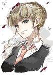  beatrice blonde_hair blue_eyes bug butterfly character_name dated grin highres insect necktie short_hair sketch smile sofy solo umineko_no_naku_koro_ni vest 