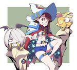  adapted_costume alternate_costume bat_wings blue_eyes blue_shorts breasts brown_hair cape capelet commentary cosplay glasses groin guilty_gear guilty_gear_xrd hair_over_one_eye half-closed_eyes han_megumi hat head_wings kagari_atsuko legs little_witch_academia long_hair lotte_jansson multiple_girls navel purple_hair ramlethal_valentine ramlethal_valentine_(cosplay) red_cape red_eyes seiyuu_connection sharp_teeth shiny_rod short_shorts shorts simple_background sitting smile star stomach sucy_manbavaran teeth thigh_strap uganda underboob white_background wings witch_hat 