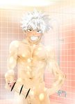  1boy abs bathroom erection large_penis male_focus msucle naughty_face nude penis shower silver_hair smile solo steam teeth water wet 