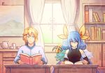  1girl asymmetrical_wings blonde_hair blue_eyes blue_hair book bow commentary cubehero cup curtains detached_sleeves dizzy guilty_gear hair_bow indoors ky_kiske long_hair looking_at_another open_book painting_(object) reading red_eyes short_hair smile tail tail_bow teacup window wings 
