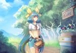  asymmetrical_wings basket blue_hair blush bow bug butterfly commentary cubehero dizzy flower guilty_gear hair_bow insect long_hair midriff navel path red_eyes road shorts solo tail tail_bow tree wings 