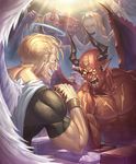  abs angel angel_and_devil angel_wings arm_wrestling artist_request blonde_hair bracelet cheering closed_eyes cygames demon_boy demon_horns demon_wings facial_mark fangs feathers fingernails forehead_mark grin halo horns jewelry manly multiple_boys muscle official_art pointy_ears red_skin shadowverse sharp_fingernails shingeki_no_bahamut smile solid_eyes sparkle sweat wings 