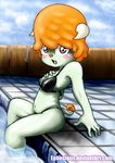  5_fingers anthro bikini black_bikini blush caprine cartoon_network clothing embarrassed ephesious hair horn jamie leaning leaning_back legs_in_water looking_at_viewer mammal navel open_mouth pool_(disambiguation) red_nose shy sitting swimsuit the_amazing_world_of_gumball watermark yellow_eyes young 