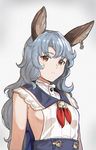  animal_ears bangs blue_hair breasts buttons capelet earrings erune ferry_(granblue_fantasy) granblue_fantasy hoop_earrings jewelry long_hair looking_at_viewer parted_lips shibasaki_shouji sideboob simple_background single_earring sleeveless small_breasts solo upper_body wavy_hair yellow_eyes 