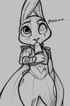  2016 absurd_res anthro black_and_white blush cape clothed clothing cosplay dirty disney english_text female florecentmoo food grey_background half_blind hi_res judy_hopps lagomorph looking_up mammal moan monochrome popsicle rabbit saliva scar simple_background solo sucking suggestive text torn_clothing zootopia 
