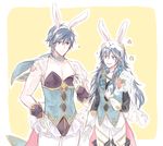  1girl alternate_costume animal_ears blue_eyes blue_hair blush bunny_ears bunnysuit cape cosplay costume_switch father_and_daughter fire_emblem fire_emblem:_kakusei fire_emblem_heroes gloves krom krom_(cosplay) long_hair lucina lucina_(cosplay) open_mouth s_upernova short_hair smile tiara 