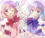  ;d alternate_costume blue_bow blue_hair blush bow fingers_to_mouth flower gem gloves gochuumon_wa_usagi_desu_ka? hair_flower hair_ornament hand_on_own_face hand_to_own_mouth hoto_cocoa kafuu_chino long_hair magical_girl matching_outfit mitsumomo_mamu multiple_girls one_eye_closed open_mouth orange_hair puffy_short_sleeves puffy_sleeves red_bow short_hair short_sleeves smile tippy_(gochiusa) translated waving white_gloves 
