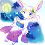  anthro blue_eyes clothed clothing dutch_angle fan_(disambiguation) female folding_fan footwear fur hair hair_ornament hand_fan japanese_clothing kemono kimono lagomorph mammal moon night rabbit renge-kemo sandals solo star yellow_fur 