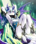  anklet aqua_hair armpits arms_behind_head barefoot breasts cygames dragon_girl dragon_horns dragon_tail harnessed_glass horns ice jewelry lena_(zoal) long_hair official_art pointy_ears purple_eyes shadowverse shingeki_no_bahamut shorts sideboob sitting symbol-shaped_pupils tail thigh_strap 