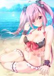  ahoge armband bangs beach black_bikini_bottom black_bikini_top black_choker black_scrunchie breasts choker cleavage closed_mouth ex_takehito feet grace_(sound_voltex) highres large_breasts legband long_hair looking_at_viewer midriff navel ocean pink_eyes pink_hair pink_ribbon ribbon scrunchie sitting smile sound_voltex stomach twintails 