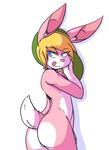  anthro blue_eyes butt crackers fur hair half-closed_eyes hat humanoid hylian lagomorph link link_(rabbit_form) looking_back male mammal nintendo rabbit simple_background solo the_legend_of_zelda tongue tongue_out video_games 
