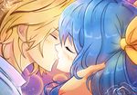  1girl blonde_hair blue_hair blush bow closed_eyes commentary couple cubehero dizzy eyebrows_visible_through_hair guilty_gear hair_bow hetero kiss ky_kiske simple_background 