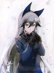  animal_ears black_gloves blue_coat blush eyebrows_visible_through_hair fox_ears fur_trim gloves grey_eyes grey_hair hair_between_eyes kemono_friends long_hair looking_at_viewer naye own_hands_together parted_lips silver_fox_(kemono_friends) solo very_long_hair 