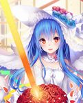  alternate_costume bangs bare_shoulders blue_flower blue_hair blue_rose bouquet chabaneko detached_collar dress elbow_gloves flower gloves hair_between_eyes hat hat_flower highres hinanawi_tenshi long_hair looking_at_viewer red_eyes red_flower red_rose rose smile solo sword_of_hisou touhou very_long_hair wedding_dress white_dress white_gloves white_hat 