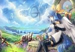  asymmetrical_wings blue_hair blue_sky bow cloud commentary cubehero day dizzy guilty_gear guilty_gear_xrd hair_bow long_hair outdoors red_eyes sitting sky solo squirrel tail tail_bow thighhighs wings 