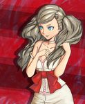  blonde_hair blue_eyes catherine catherine_(cosplay) catherine_(game) cosplay hair_ornament long_hair open_mouth persona persona_5 smile solo takamaki_anne twintails 