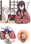  /\/\/\ 2girls =_= akagi_(kantai_collection) aura banned_artist black_hair blush blush_stickers breath closed_eyes comic commentary dark_aura dotera_(clothes) flying_sweatdrops hair_between_eyes hairband hakama_skirt headband hug japanese_clothes kantai_collection kimono long_hair multiple_girls running shouji shoukaku_(kantai_collection) silver_hair sliding_doors smile sparkling_eyes straight_hair tachikoma_(mousou_teikoku) translated white_hair younger 