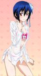  bikini blue_bow blue_hair bow breasts cleavage collarbone cowboy_shot dress_shirt hair_bow looking_at_viewer medium_breasts nisekoi open_clothes open_shirt red_bikini red_eyes shirt short_hair smile solo standing swimsuit tsugumi_seishirou wet wet_clothes wet_hat wet_shirt white_shirt 