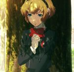 1girl aegis_(persona) android atlus blonde_hair blue_eyes gloves persona persona_3 ribbon robot_ears school_uniform screencap short_hair stitched tree 