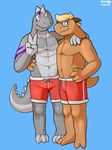  2017 3_fingers anthro barefoot clothing couple_(disambiguation) digital_media_(artwork) front_view hug jack~d lizard looking_at_viewer lyle~b male male/male qundium reptile romantic scalie simple_background swimming_trunks swimsuit view 