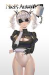  alternate_hairstyle blindfold breasts cameltoe cleavage cleavage_cutout covered_navel feather-trimmed_sleeves hairband highres hk_(hk) large_breasts leotard mole mole_under_mouth nier_(series) nier_automata parted_lips pod_(nier_automata) robot see-through silver_hair thighhighs twintails yorha_no._2_type_b 