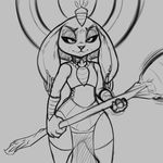  2016 anthro black_and_white clothed clothing cosplay disney ear_piercing female florecentmoo grey_background headdress jewelry judy_hopps lagomorph loincloth looking_at_viewer mammal monochrome neck_ring necklace piercing rabbit scepter simple_background smile solo zootopia 