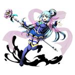  aqua_(konosuba) blue_footwear blue_hair blue_legwear blue_shirt blue_skirt boots bow bowtie detached_sleeves divine_gate floating_hair full_body green_bow green_neckwear hagoromo hair_ornament holding holding_weapon kono_subarashii_sekai_ni_shukufuku_wo! leg_up long_hair miniskirt sash see-through shadow shawl shirt skirt sleeveless sleeveless_shirt solo staff thigh_boots thighhighs transparent_background ucmm very_long_hair weapon white_legwear 