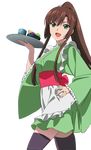  :d apron black_legwear bowl brown_hair cowboy_shot cup food frilled_apron frills from_side green_eyes green_kimono hair_ribbon hand_on_hip high_ponytail holding holding_tray japanese_clothes kimono kirasaka_sayaka long_hair long_sleeves looking_at_viewer obi official_art open_mouth pink_ribbon ponytail ribbon sash short_kimono short_yukata sidelocks smile solo standing strike_the_blood thighhighs transparent_background tray very_long_hair wa_maid wide_sleeves yukata yunomi 