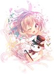  ;d animal_ears black_hat bow bunny_ears cane choker dated english eyebrows_visible_through_hair flower gochuumon_wa_usagi_desu_ka? hair_flower hair_ornament hairband happy_birthday hat holding holding_stuffed_animal hoto_cocoa looking_at_viewer mitsumomo_mamu one_eye_closed open_mouth orange_hair pink_choker red_bow red_eyes smile solo stuffed_animal stuffed_bunny stuffed_toy top_hat waving 