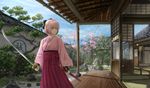  ahoge architecture bangs black_bow blonde_hair bow cherry_blossoms closed_mouth commentary_request day east_asian_architecture fate_(series) garden grey_eyes hair_bow hakama high-waist_skirt highres holding holding_sword holding_weapon japanese_clothes katana kimono koha-ace md5_mismatch okita_souji_(fate) okita_souji_(fate)_(all) pink_kimono pleated_skirt purple_skirt scabbard sheath skirt sky solo sugi87 sword tree wall weapon 