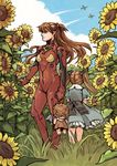  bodysuit crimson_sun doll dual_persona flower highres multiple_girls neon_genesis_evangelion orange_hair pilot_suit plugsuit red_bodysuit souryuu_asuka_langley sunflower twintails 